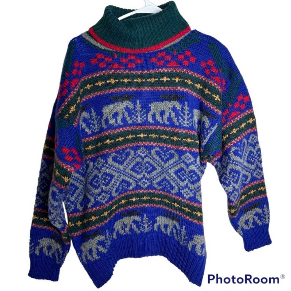 Vintage Eddie Bauer Wool Nordic Moose Knit Sweater Medium